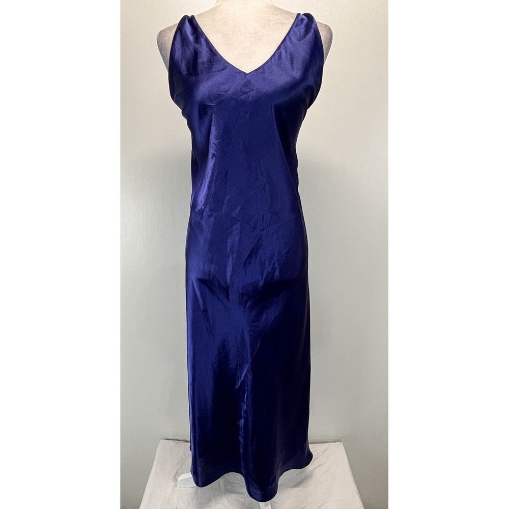 Fredericks Of Hollywood Blue Satin Nightgown Slip Dress M Womens Open Back Midi